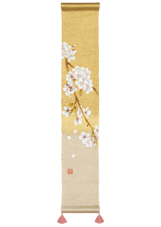 Hand-drawn and Hand-dyed Linen Japanese Small Tapestry - Cherry Blossom -, Kyoto Noren, Japanese wall hanging scroll
