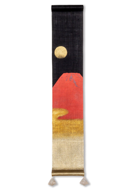 Hand-dyed Linen Japanese Small Tapestry - Red Fuji -, Kyoto Noren, Japanese wall hanging scroll