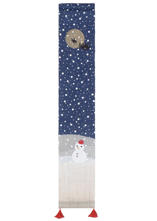 Hand-dyed Linen Japanese Small Tapestry - Snowy Christmas -, Kyoto Noren, Japanese wall hanging scroll