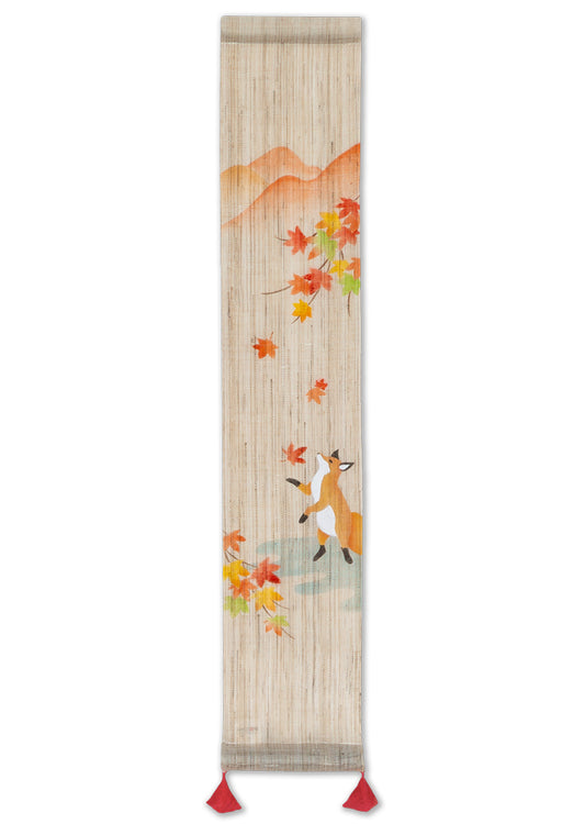 Hand-dyed Linen Japanese Small Tapestry - Fox and Autumn Leaves -, Kyoto Noren, Japanese wall hanging scroll