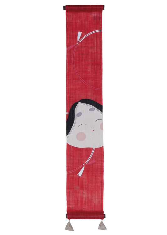Hand-dyed Linen Japanese Small Tapestry - Japanese Otafuku Woman -, Kyoto Noren, Japanese wall hanging scroll