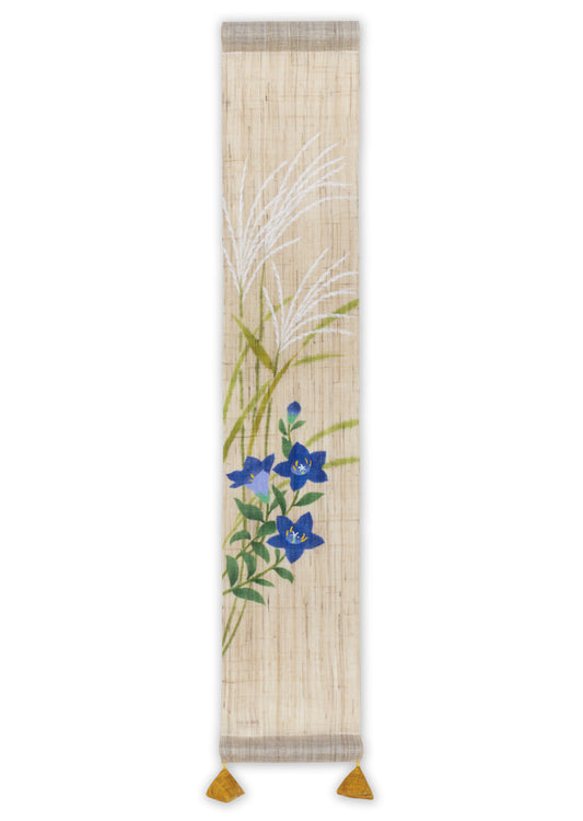 Hand-dyed Linen Japanese Small Tapestry - Japanese Pampas Grass and Balloon Flower -, Kyoto Noren, Japanese wall hanging scroll