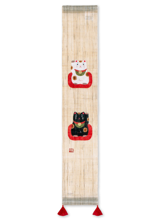 Hand-dyed Linen Japanese Small Tapestry - Japanese Maneki-Neko (Beckoning Cat) -, Kyoto Noren, Japanese wall hanging scroll