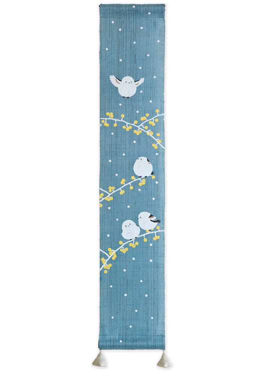 Hand-dyed Linen Japanese Small Tapestry - Long-tailed Tit / Blue -, Kyoto Noren, Japanese wall hanging scroll