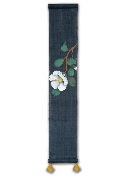 Hand-dyed Linen Japanese Small Tapestry - White Camellia -, Kyoto Noren, Japanese wall hanging scroll