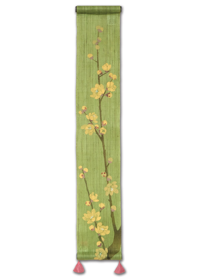 Hand-dyed Linen Japanese Small Tapestry - Wintersweet -, Kyoto Noren, Japanese wall hanging scroll