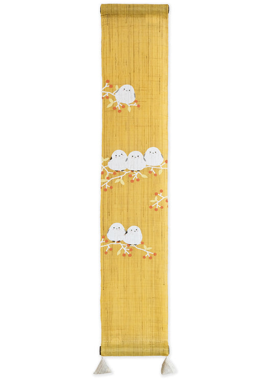 Hand-dyed Linen Japanese Small Tapestry - Long-tailed Tit / Yellow -, Kyoto Noren, Japanese wall hanging scroll