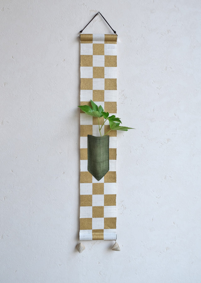 Hand-dyed Linen Japanese Small Tapestry - Japanese Check Pattern / Gold -, Kyoto Noren, Japanese wall hanging scroll
