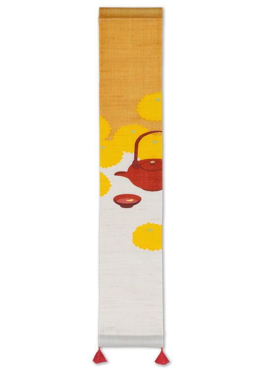 Hand-dyed Linen Japanese Small Tapestry - Kikuzake (Japanese chrysanthemum sake) -, Kyoto Noren, Japanese wall hanging scroll