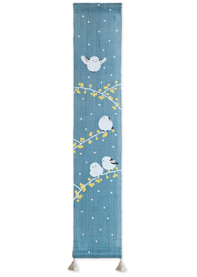 Hand-dyed Linen Japanese Small Tapestry - Long-tailed Tit / Blue -, Kyoto Noren, Japanese wall hanging scroll