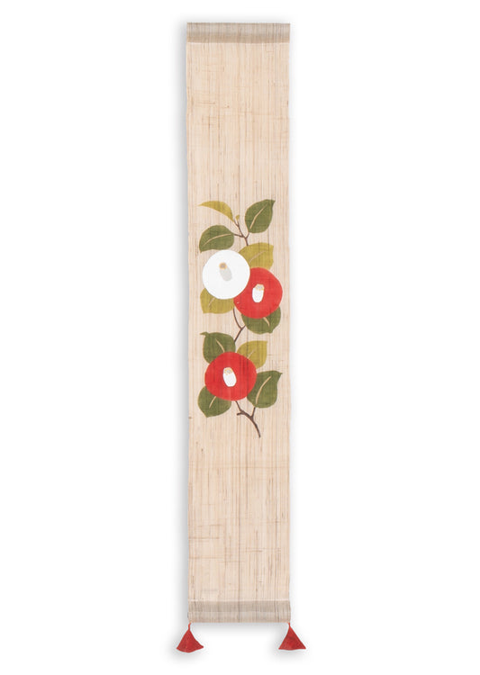 Hand-dyed Linen Japanese Small Tapestry - Camellia -, Kyoto Noren, Japanese wall hanging scroll