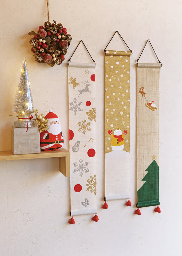 Hand-dyed Linen Japanese Small Tapestry - Snowman / Gold -, Kyoto Noren, Japanese wall hanging scroll