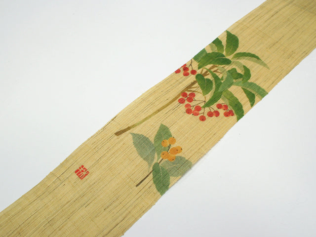 Hand-dyed Linen Japanese Small Tapestry - Japanese Sarcandra and Coralberry -, Kyoto Noren, Japanese wall hanging scroll