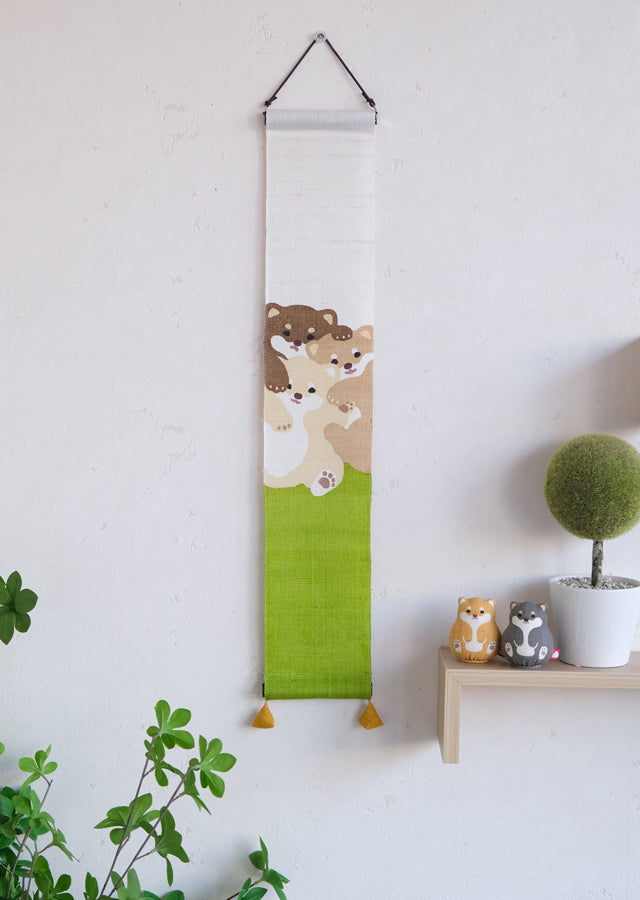 Hand-dyed Linen Japanese Small Tapestry - Japanese Shiba Inu -, Kyoto Noren, Japanese wall hanging scroll