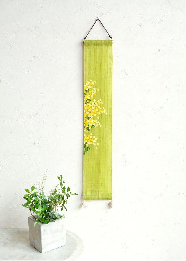 Hand-dyed Linen Japanese Small Tapestry - Mimosa -, Kyoto Noren, Japanese wall hanging scroll