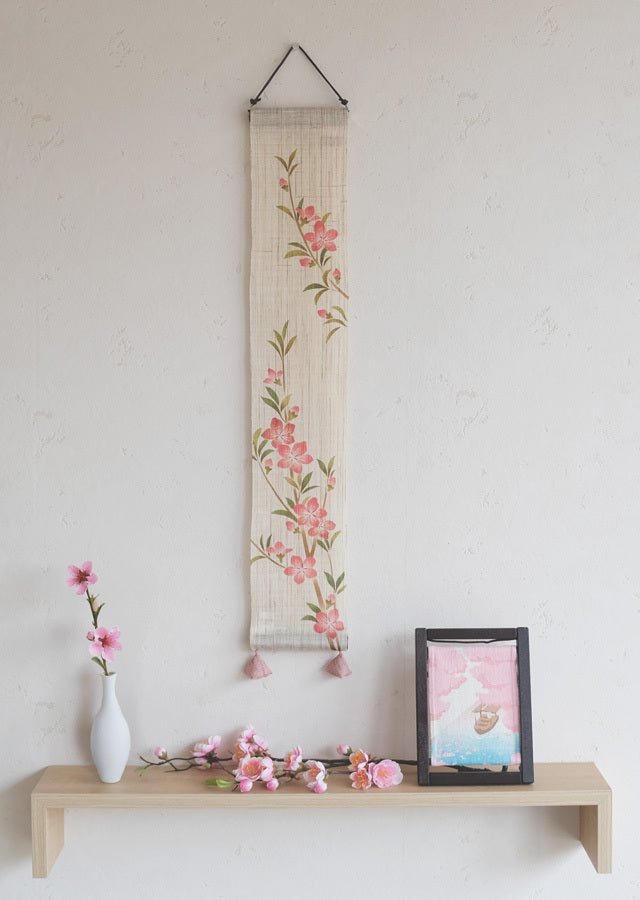 Hand-dyed Linen Japanese Small Tapestry - Peach Blossom -, Kyoto Noren, Japanese wall hanging scroll