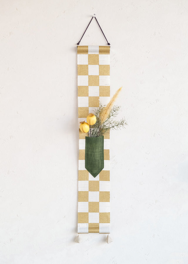 Hand-dyed Linen Japanese Small Tapestry - Japanese Check Pattern / Gold -, Kyoto Noren, Japanese wall hanging scroll
