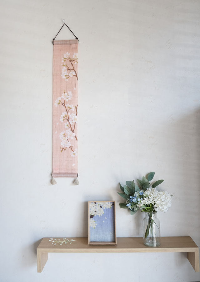 Hand-dyed Linen Japanese Small Tapestry - Cherry Blossom -, Kyoto Noren, Japanese wall hanging scroll
