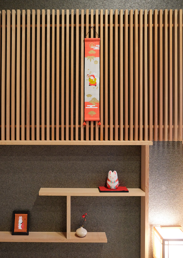 Hand-dyed Linen Japanese Small Tapestry - Daikokuten (the god of wealth) Rabbit -, Kyoto Noren, Japanese wall hanging scroll