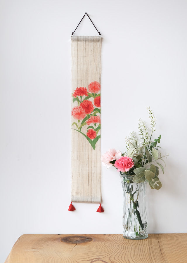 Hand-dyed Linen Japanese Small Tapestry - Carnation -, Kyoto Noren, Japanese wall hanging scroll