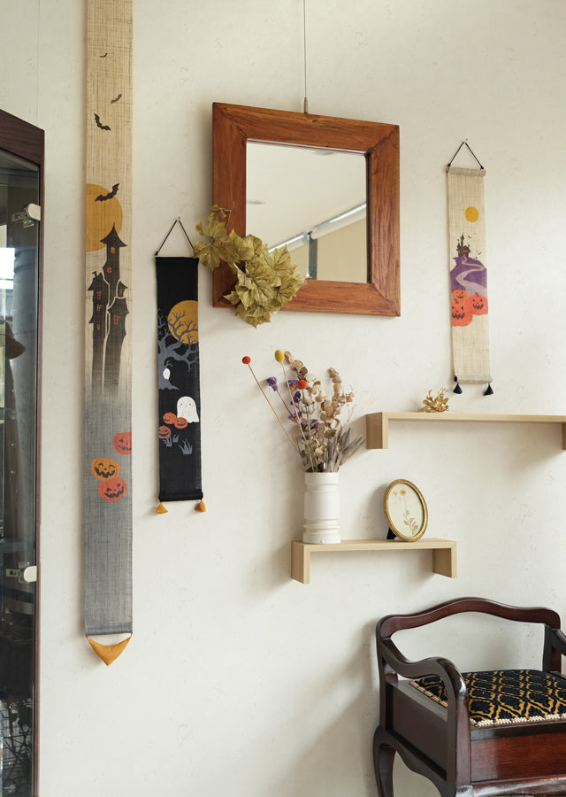 Hand-dyed Linen Japanese Small Tapestry - Trick or Treat -, Kyoto Noren, Japanese wall hanging scroll