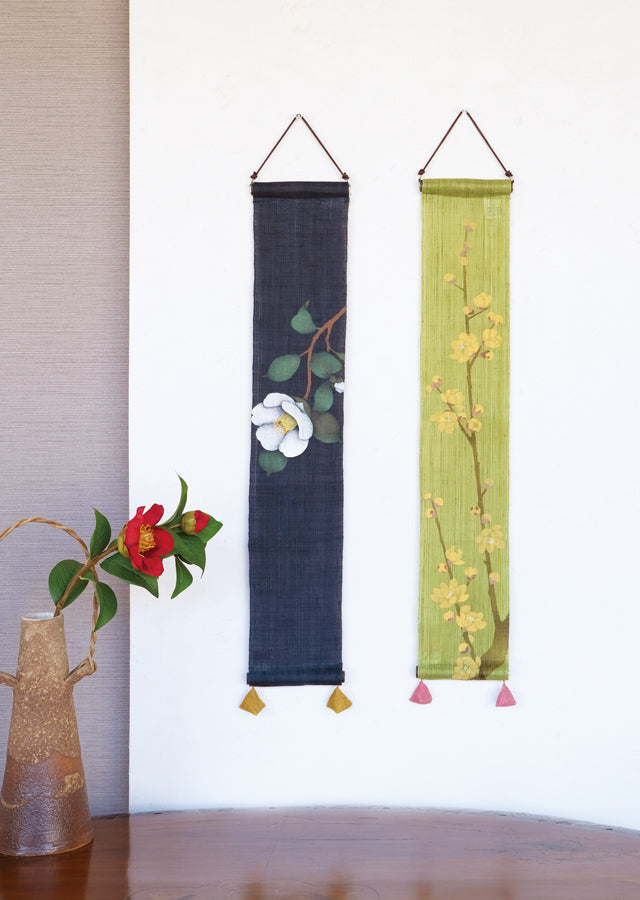 Hand-dyed Linen Japanese Small Tapestry - Wintersweet -, Kyoto Noren, Japanese wall hanging scroll