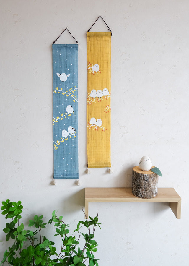 Hand-dyed Linen Japanese Small Tapestry - Long-tailed Tit / Blue -, Kyoto Noren, Japanese wall hanging scroll