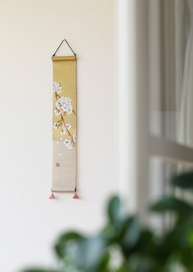 Hand-drawn and Hand-dyed Linen Japanese Small Tapestry - Cherry Blossom -, Kyoto Noren, Japanese wall hanging scroll
