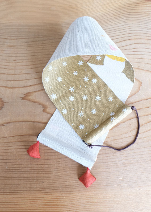 Hand-dyed Linen Japanese Small Tapestry - Snowman / Gold -, Kyoto Noren, Japanese wall hanging scroll