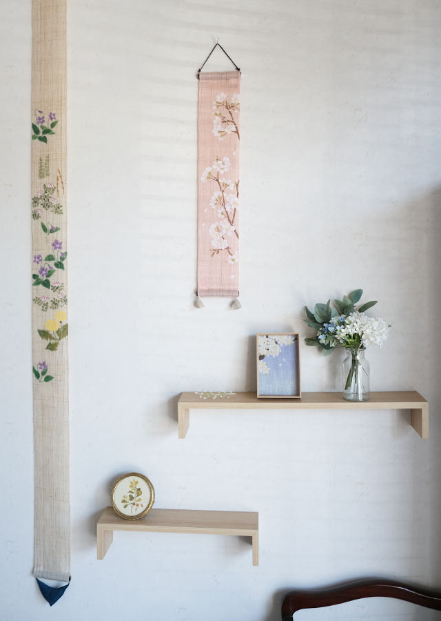 Hand-dyed Linen Japanese Small Tapestry - Cherry Blossom -, Kyoto Noren, Japanese wall hanging scroll