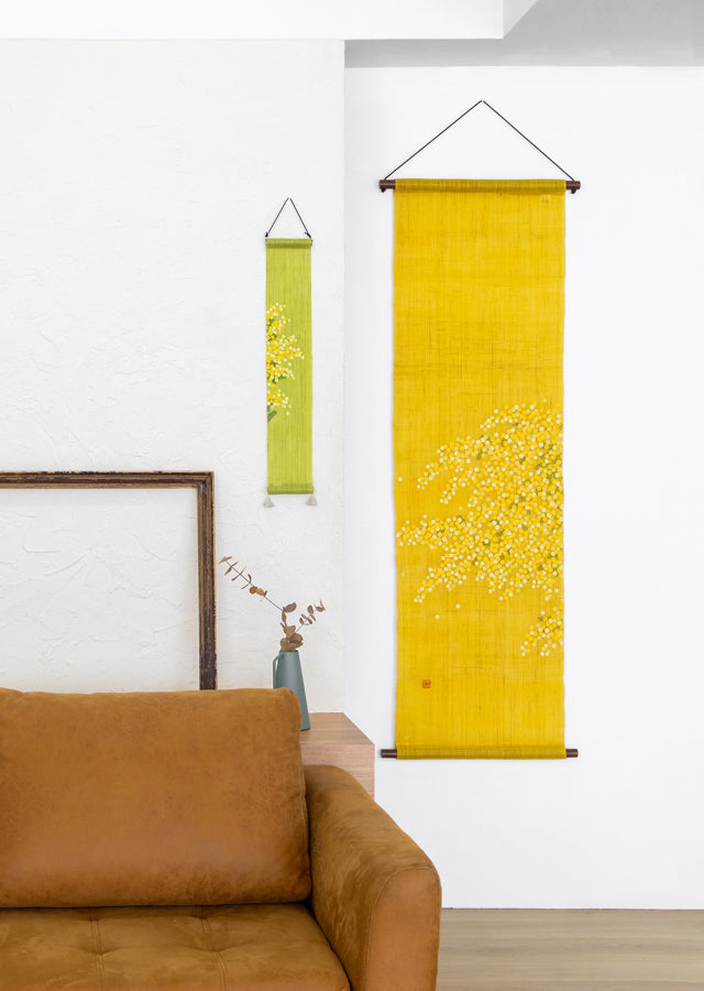 Hand-dyed Linen Japanese Small Tapestry - Mimosa -, Kyoto Noren, Japanese wall hanging scroll