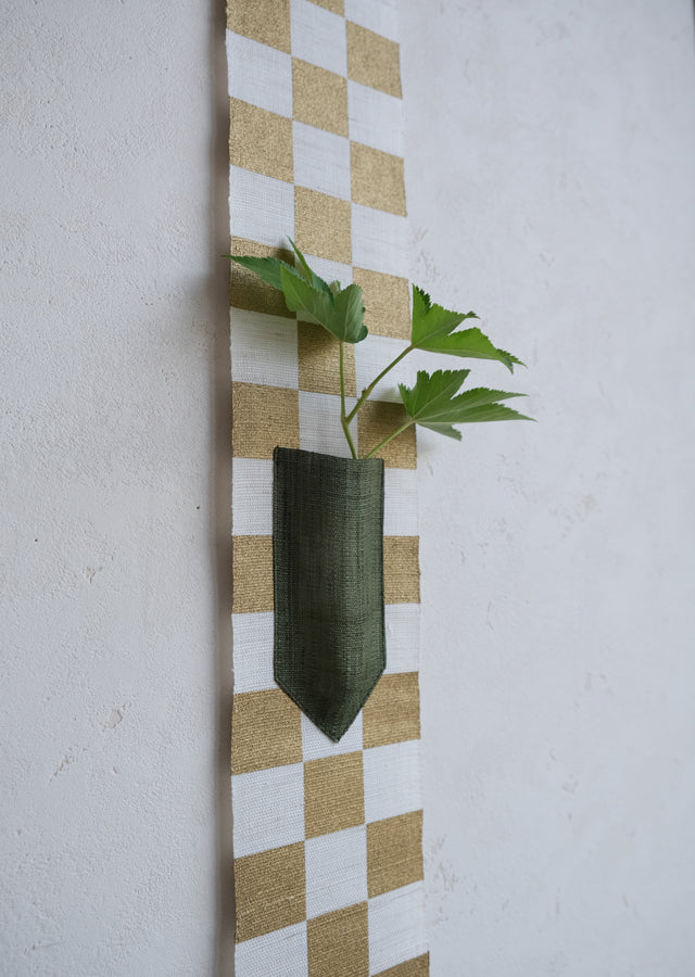 Hand-dyed Linen Japanese Small Tapestry - Japanese Check Pattern / Gold -, Kyoto Noren, Japanese wall hanging scroll