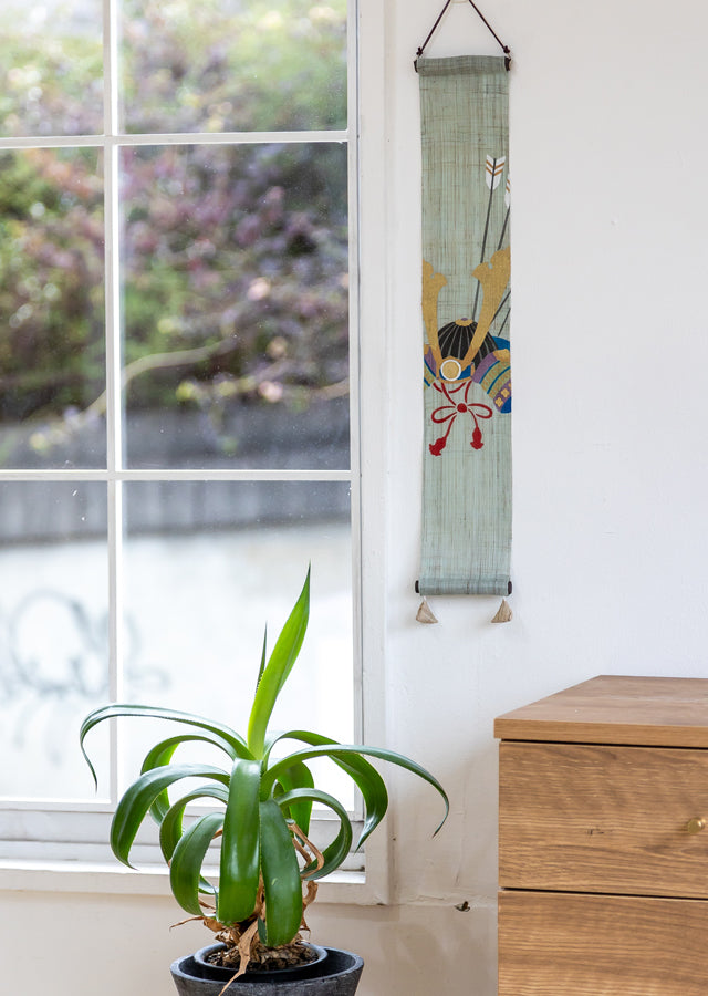 Hand-dyed Linen Japanese Small Tapestry - Kabuto (Samurai helmet) -, Kyoto Noren, Japanese wall hanging scroll