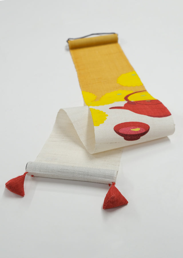 Hand-dyed Linen Japanese Small Tapestry - Kikuzake (Japanese chrysanthemum sake) -, Kyoto Noren, Japanese wall hanging scroll