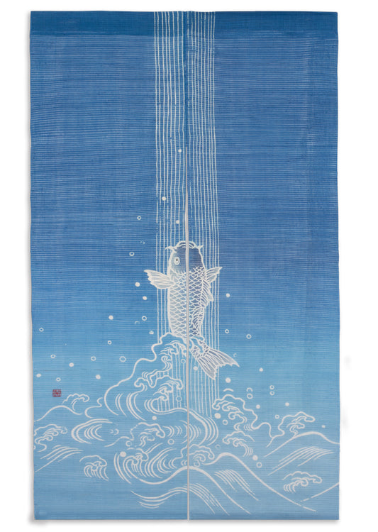 Hand-dyed Linen Noren (Japanese Doorway Curtain) - Carp climbing up a waterfall - , Kyoto Noren