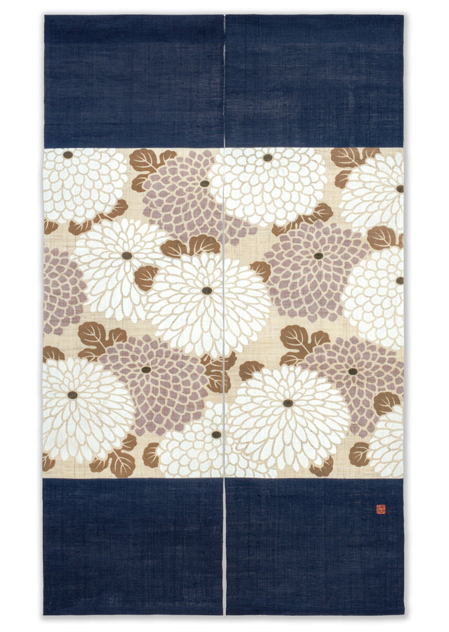 Hand-dyed Linen Noren (Japanese Doorway Curtain) - Chrysanthemum / Lapis Lazuli - , Kyoto Noren