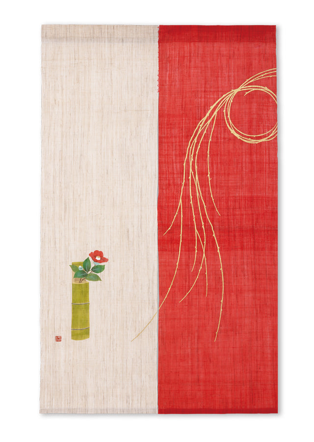 Hand-dyed Linen Noren (Japanese Doorway Curtain) - Willow and Camellia - , Kyoto Noren