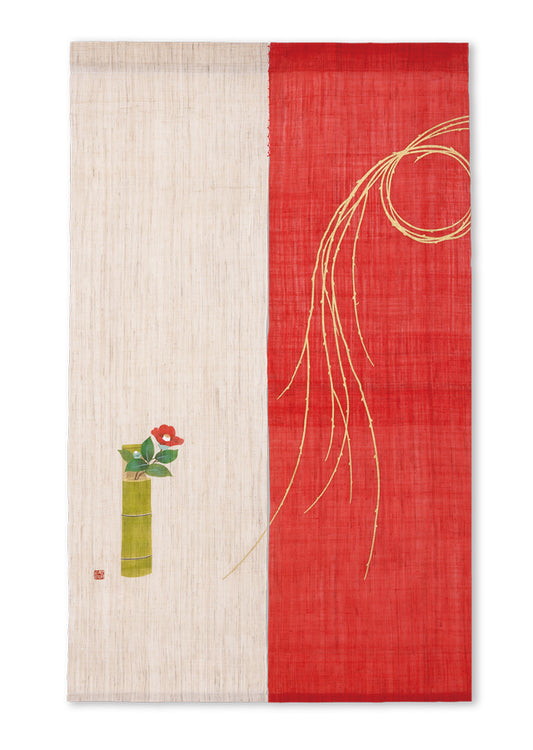 Hand-dyed Linen Noren (Japanese Doorway Curtain) - Willow and Camellia - , Kyoto Noren