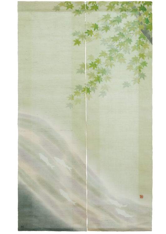 Hand-dyed Linen Noren (Japanese Doorway Curtain) - Maple and Sweetfish - , Kyoto Noren