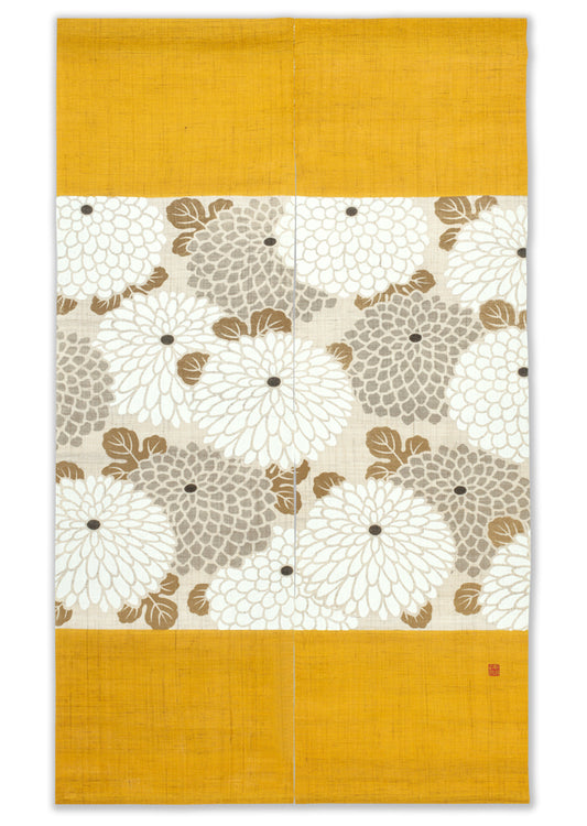 Hand-dyed Linen Noren (Japanese Doorway Curtain) - Chrysanthemum / Mustard Yellow - , Kyoto Noren