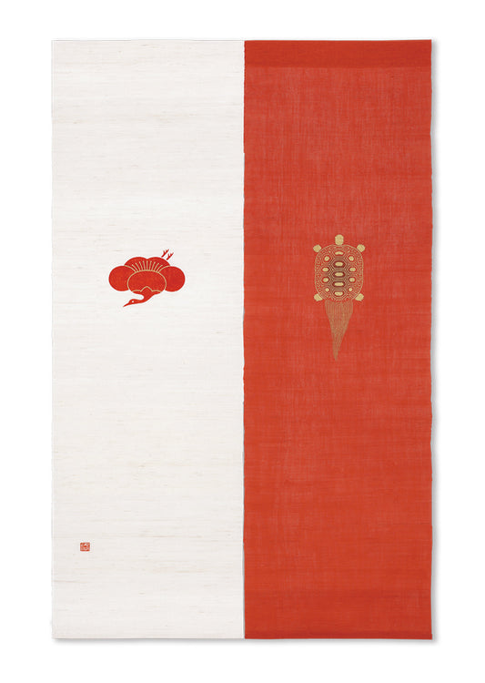 Hand-dyed Linen Noren (Japanese Doorway Curtain) - Crane and Turtle - , Kyoto Noren