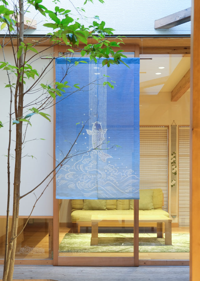 Hand-dyed Linen Noren (Japanese Doorway Curtain) - Carp climbing up a waterfall - , Kyoto Noren