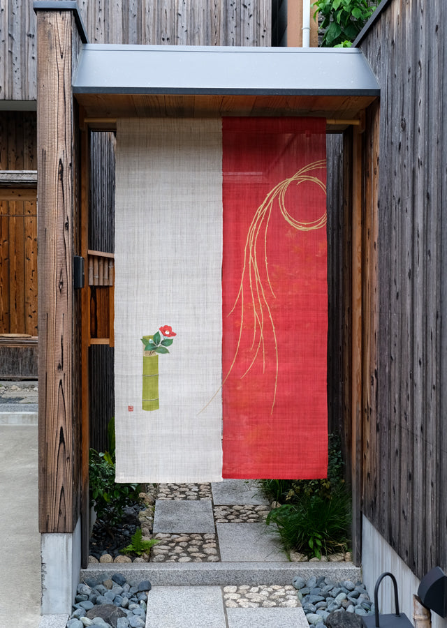 Hand-dyed Linen Noren (Japanese Doorway Curtain) - Willow and Camellia - , Kyoto Noren