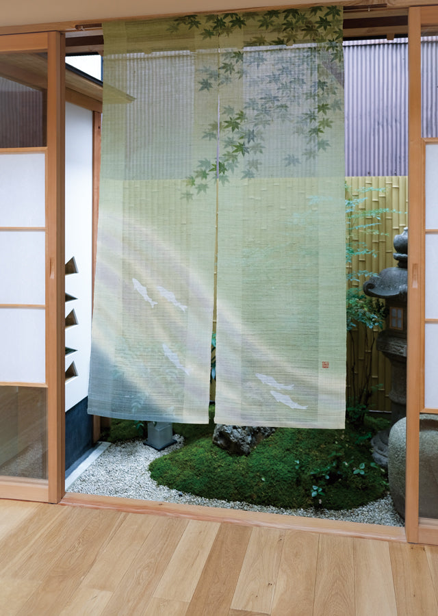 Hand-dyed Linen Noren (Japanese Doorway Curtain) - Maple and Sweetfish - , Kyoto Noren