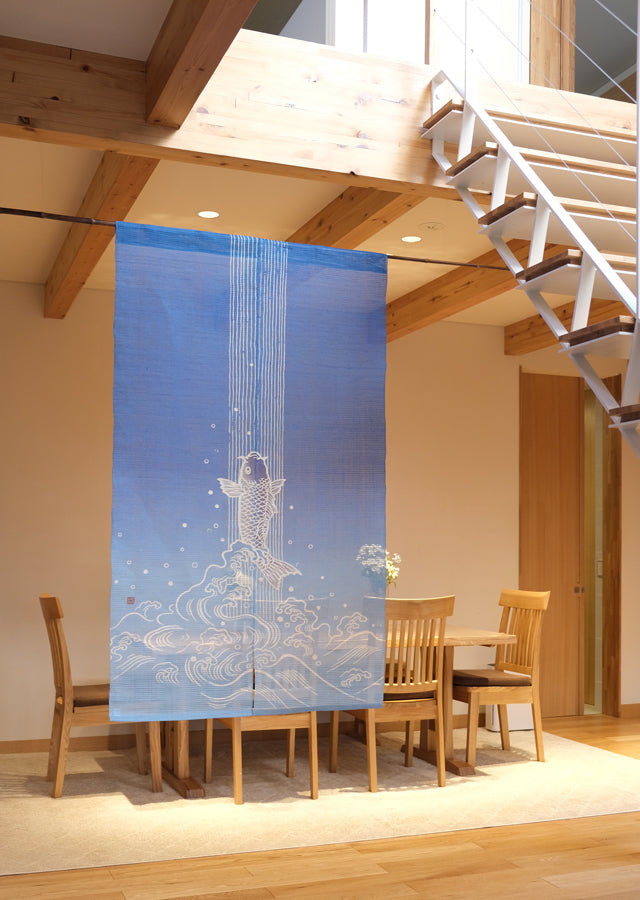 Hand-dyed Linen Noren (Japanese Doorway Curtain) - Carp climbing up a waterfall - , Kyoto Noren