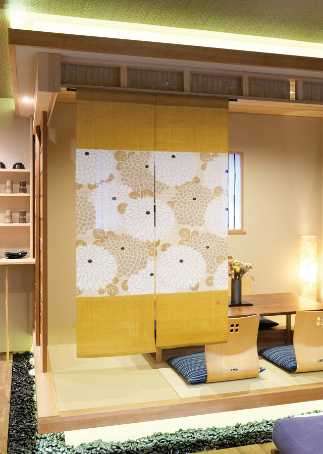 Hand-dyed Linen Noren (Japanese Doorway Curtain) - Chrysanthemum / Mustard Yellow - , Kyoto Noren