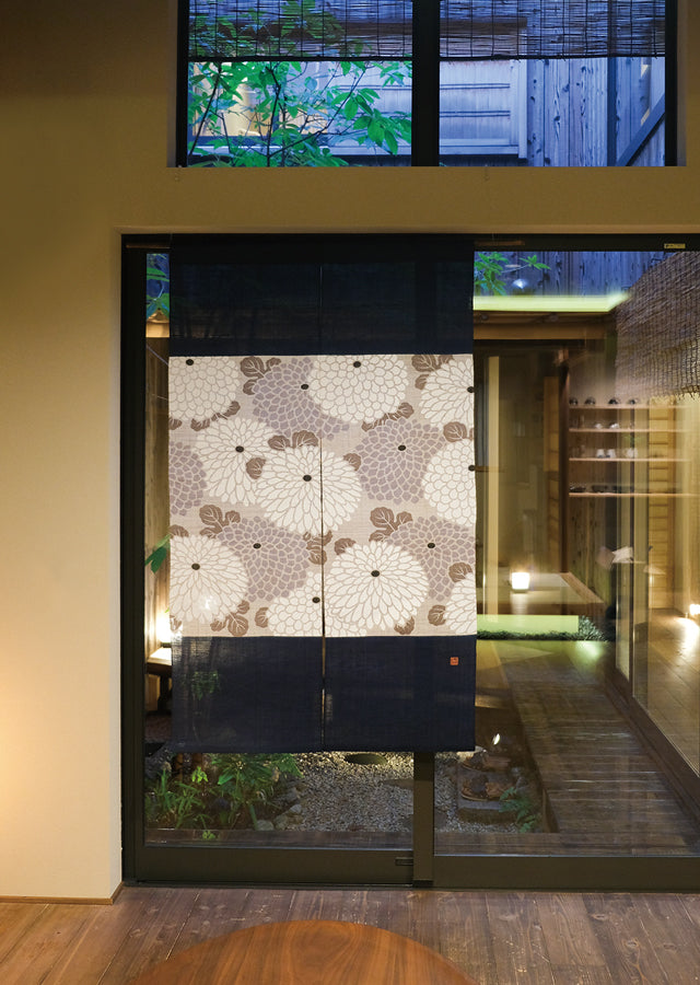 Hand-dyed Linen Noren (Japanese Doorway Curtain) - Chrysanthemum / Lapis Lazuli - , Kyoto Noren
