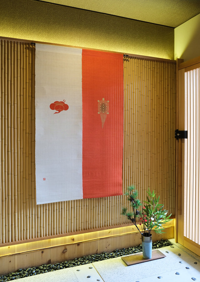 Hand-dyed Linen Noren (Japanese Doorway Curtain) - Crane and Turtle - , Kyoto Noren