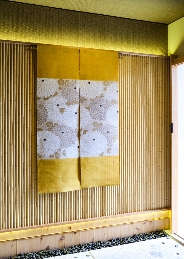 Hand-dyed Linen Noren (Japanese Doorway Curtain) - Chrysanthemum / Mustard Yellow - , Kyoto Noren