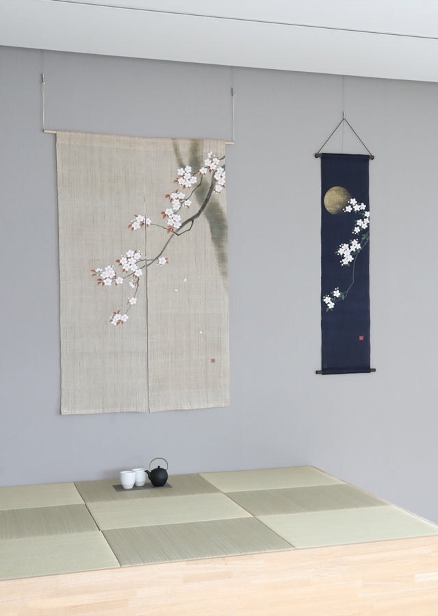 Hand-dyed Linen Noren (Japanese Doorway Curtain) - Cherry Blossom - , Kyoto Noren